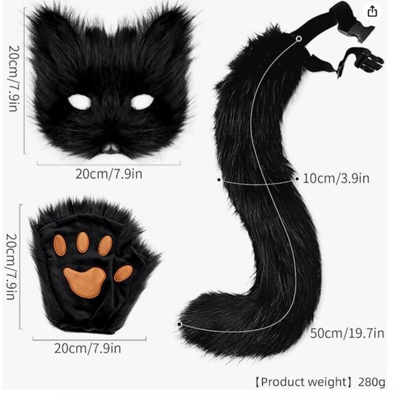 Furry Black Cat Costume with Mask,Tail and Fingerless Faux Fur Paw Gloves - Picture 3 of 8